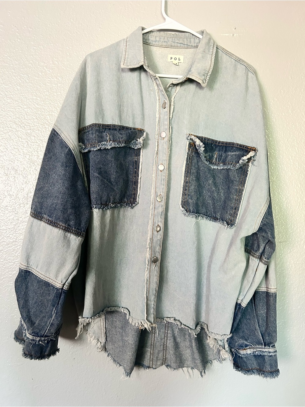 POL Two-Toned Oversized Denim Shacket Colorblock Medium